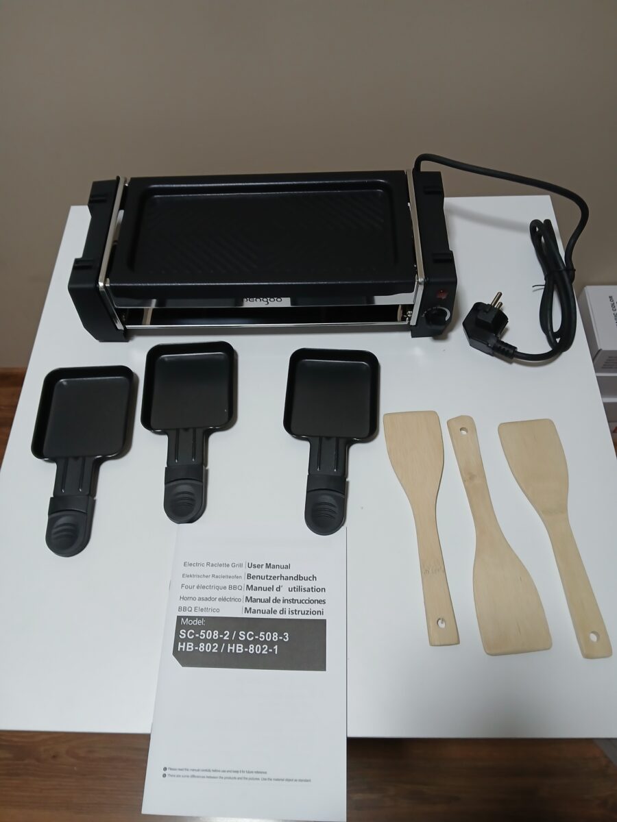 Grill Raclette Hengbo 700W + 3 patelnie + 3 łopatki