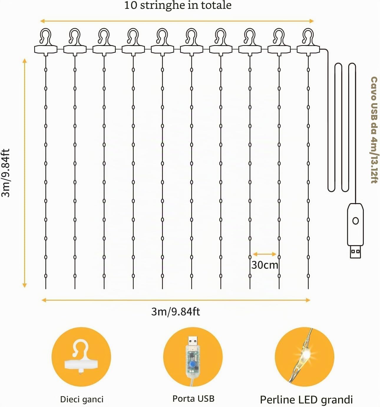 Kurtyna świetlna LED 3x3m Hoteril LS008-WH 300 LED pilot USB IP65 - obrazek 6